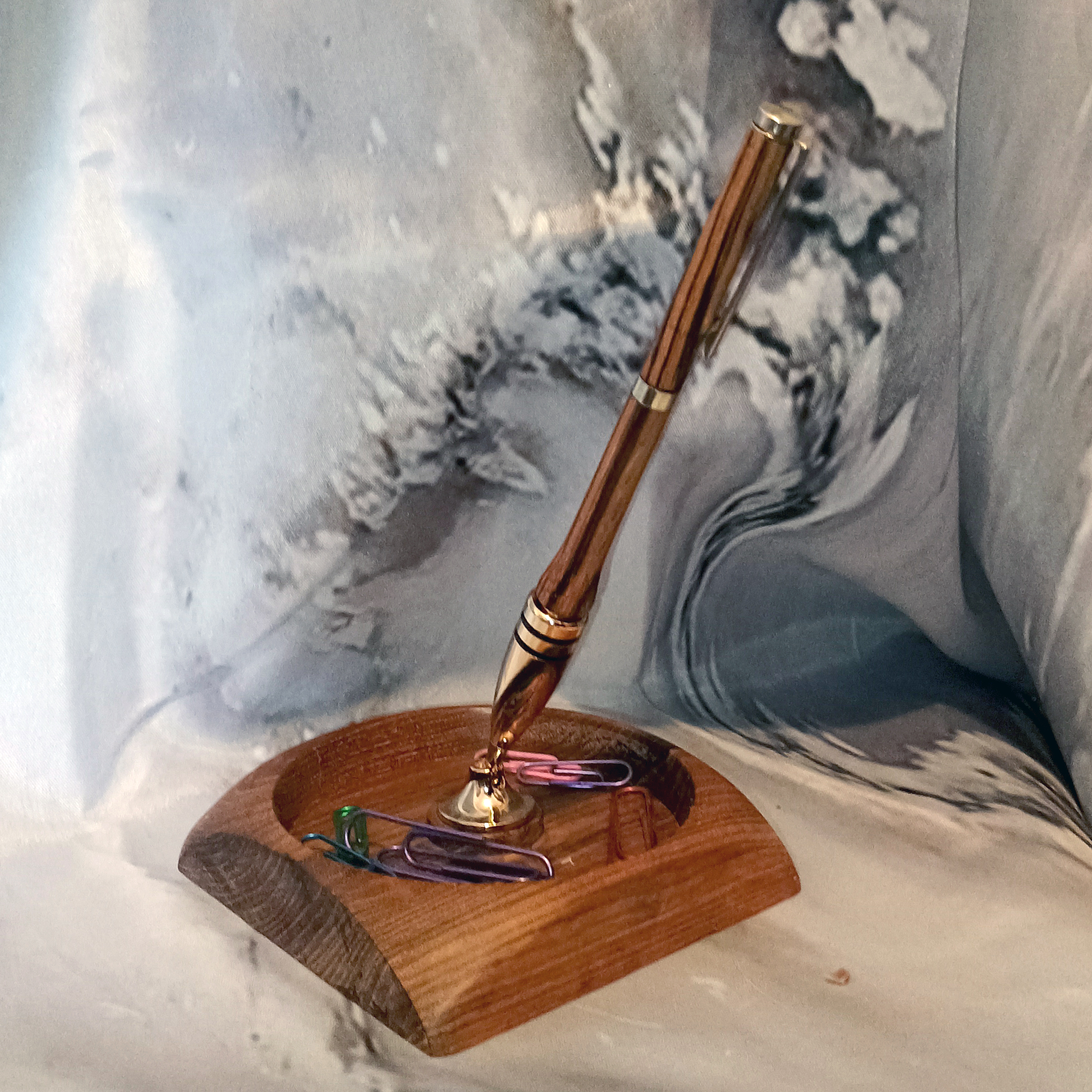 24K Gold Teak Desk Pen Holder - Luxury Office Accessories - Executive Desk Organizer