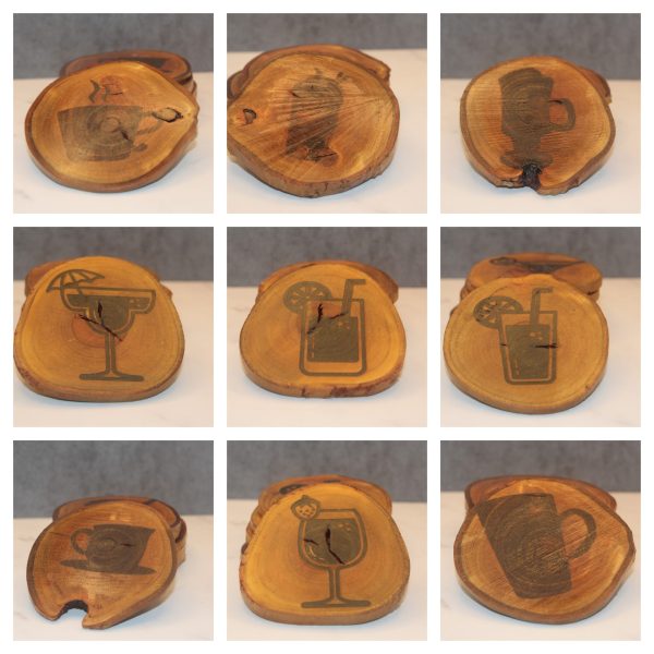 Collage of 9 assorted Palo Verde wood coasters They are naturally shaped and have an orange wood color. Each coaster has a different coffee or alcohol drink silhouette design burned into the wood. In order from left to right, top to bottom: espresso, frappuccino , irish coffee, margarita, pina colada, long island iced tea, macchiato, strawberry daquiri, latte