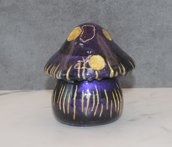5" tall 4" round purple and black mushroom shaped resin trinket box with hand painted gold details