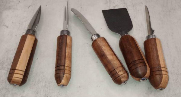 Handcrafted Stainless Steel Cheese Knives with Walnut & Maple Handles