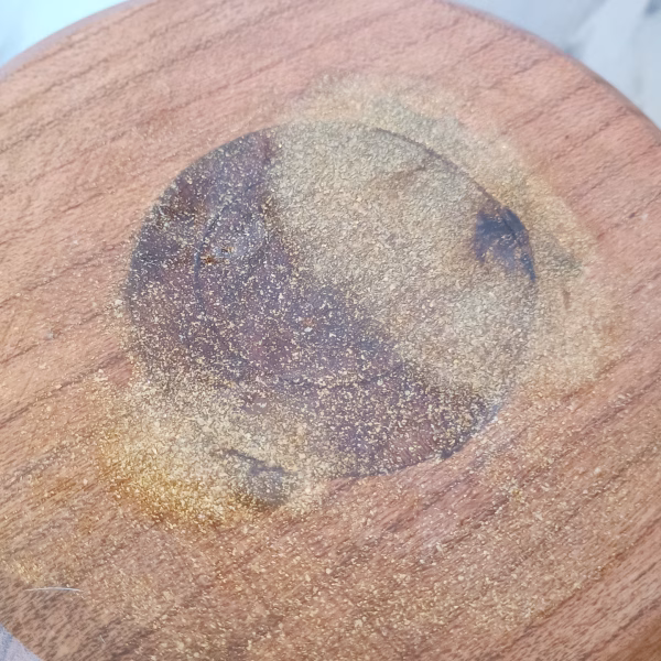 Bottom of cherry and walnut yarn bowl – turned base and warm tone contrast