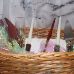 Padauk wood celebration basket with champagne glasses and cake server